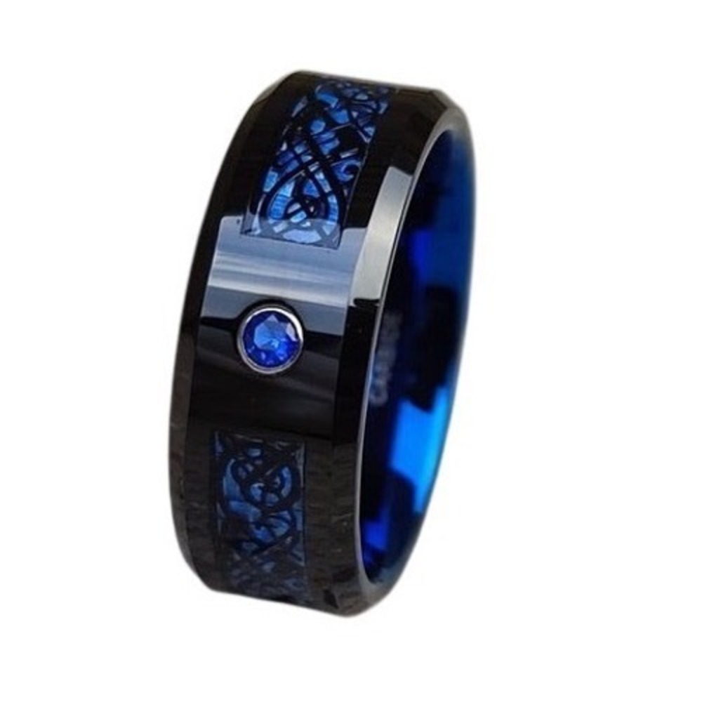 Mens Black Tungsten Carbide Blue Celtic Dragon Carbon Fiber Ring Wedding Band‎